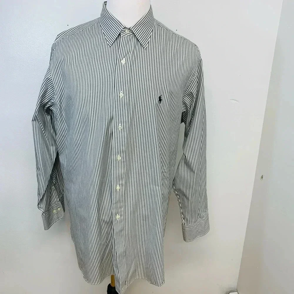 Polo Ralph Lauren Shirt Men 17.5 Lowell Gray Stripe Long Sleeve 100% Cotton Pony